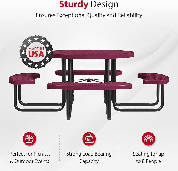 Leisure Craft Metal Picnic Table with Bench - 46" Round Outdoor Dining Table for 8 with Umbrella Hole, Weatherproof Heavy Duty Thermoplastic Coating, Commercial Grade Furniture Made in USA - Burgundy