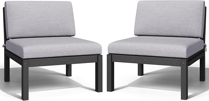 Outdoor Patio Chairs Set of 2, HIPS Modular Sectional Seatings & Thick Cushions– Side Interlock Easy to Connect, Weatherproof Patio Furniture Set for Backyard, Deck, Poolside (Black)