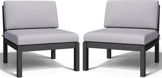 Outdoor Patio Chairs Set of 2, HIPS Modular Sectional Seatings & Thick Cushions– Side Interlock Easy to Connect, Weatherproof Patio Furniture Set for Backyard, Deck, Poolside (Black)