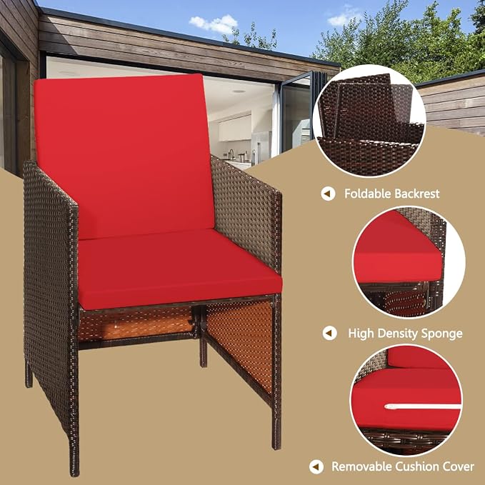 RELAX4LIFE 9-Piece Outdoor Dining Set - Patio Wicker Furniture Set w/Acacia Wood Tabletop, Soft Seat & Back Cushions, Dining Table & Chair Set for Backyard, Poolside (Red)