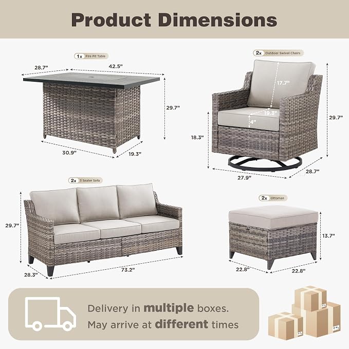 Belord Patio Wicker Swivel Rocker Patio Chairs with 3-Seater Sofa and Propane Fire Pit Table, Outdoor Furniture Set for Deck Porch Poolside, 7 Piece Patio Conversation Furniture Set,Beige