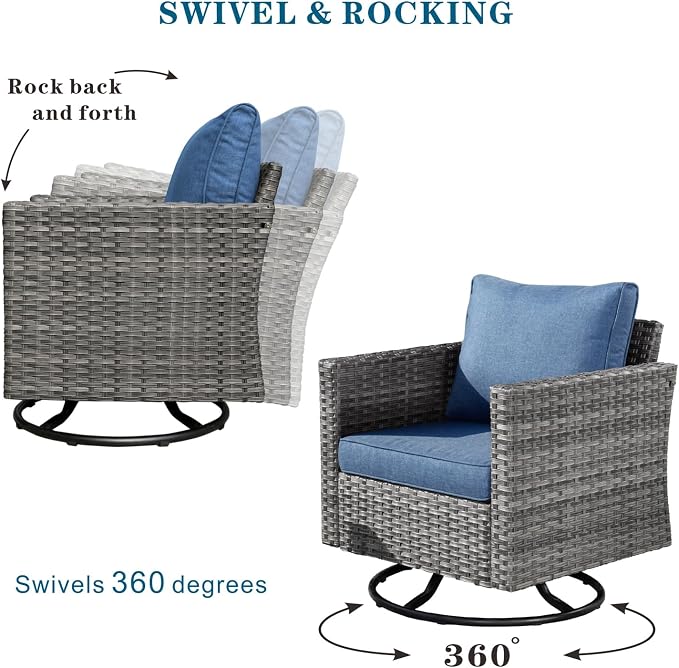 HOOOWOOO 11 Piece Patio Sectional Furniture Set with Fire Pit Table,Modern Wicker Outdoor Conversation Sofa Sets,Weather Resistant Modular L Shaped Outside Couch Swivel Chair Set(Denime Blue)