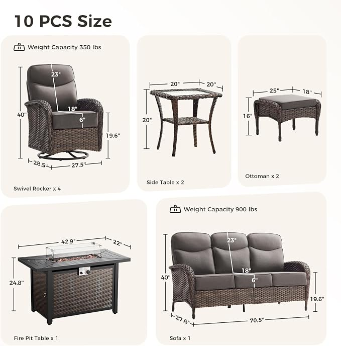 Luxury Patio Furniture Set with Fire Pit Table, Outdoor Furniture Set with High Back Swivel Chairs & 6-inch Thick Cushions, 10 PCS Fire Pit Patio Set for Yard, Deck, Poolside, Brown/Grey