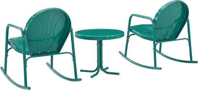 Crosley Furniture Griffith 3-Piece Outdoor Rocking Chair and Side Table Set, Retro Metal Bistro Patio Sets, Turquoise Gloss