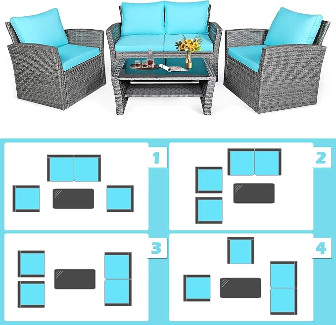 HAPPYGRILL 4-Pieces Patio Rattan Furniture Set Outdoor Conversation Set with Cushions and Coffee Table, Sectional Wicker Sofa Set for Garden Porch Balcony Poolside