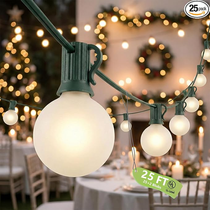25FT G40 Christmas Lights, 25 Frosted White Bulbs, Green Wire | IP44 Weatherproof, 5W Glass Incandescent Bulbs, E12 Bases, 2 Spares, Connects Up To 3 Strands for Trees and Pergolas