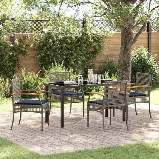 5 Piece Outdoor Garden Dining Set with Rattan Chairs and Black Glass Table, Weather Resistant Patio Furniture for Backyard, Balcony and Terrace, Grey