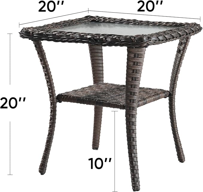 Patio Side Table Outdoor End Tables with Tempered Glass Top - 2-Tier Storage Wicker Side Tables for Outside Furniture Wicker Rocking Swivel Chairs in Porch Deck Yard Garden - Brown