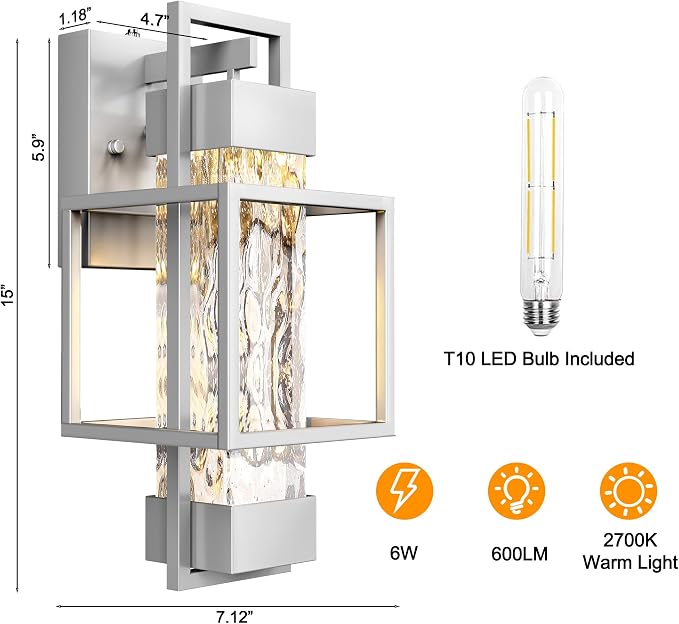 Modern Outdoor Light Fixtures Dusk to Dawn Outdoor Lighting 2 Pack, 15" Exterior Wall Sconce Waterproof Outside Porch Light for House with Water Glass for Garage Doorway Silver