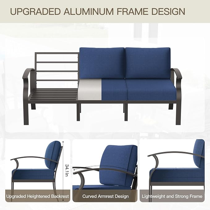 Aluminum Patio Furniture Set with 55,000 BTU Propane Fire Pit Table,8 Seats Metal Modern Outdoor Furniture w/5.1" Cushions,Patio Sectional w/Swivel Chairs for Patio,Backyard,NavyBlue