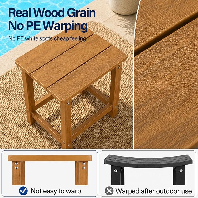 MXIMU Outdoor Side Table Set of 2: Heavy-Duty Sturdy Warp Resistant Adirondack Table - Wood Grain Finish Outdoor End Tables - Easy Assembly & Low Maintenance Patio Side Table Teak