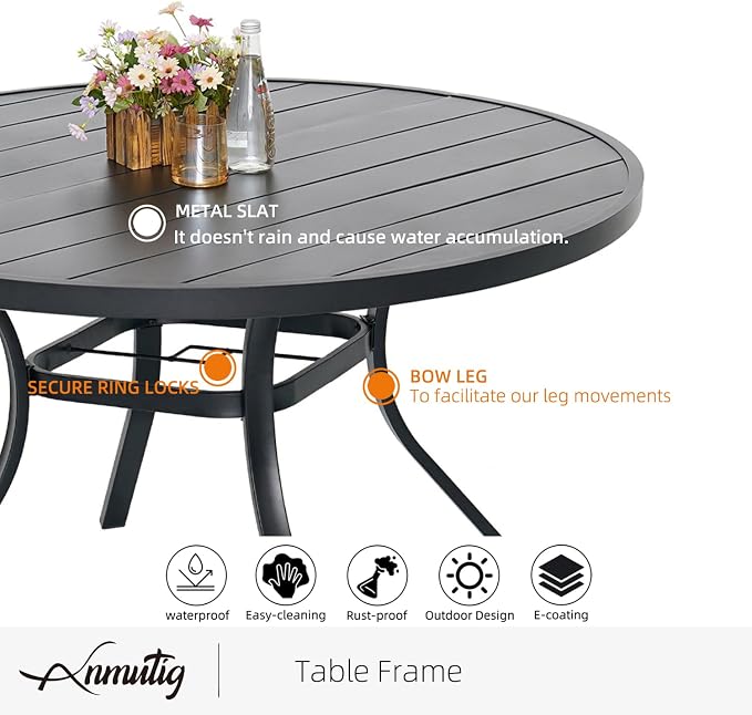 48" Outdoor Patio Round Dining Table fit 4-6 Person, Slat Top All Weather | Black, Metal Slat Top, All Weather, 1.57-1.9 inch Adjustable Umbrella Hole, 4ft, 4 - 6 Person