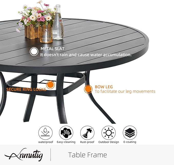 Outdoor Dining Set of 5 with 48" Round Table, Tan Grey Swivel Chairs Style2 | 4 Piece Swivel Chairs: High Back, Curved Armrest, Textilene Fabric, Rocking; 48 inch Metal Round Table, All Weather