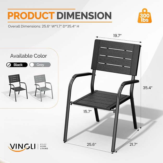 VINGLI Outdoor Patio Dining Chairs, Stackable HDPE All-Weather Arm Chairs, Weatherproof Outdoor Seating for Garden, Backyard, Poolside, Balcony,Black (4 Pack)