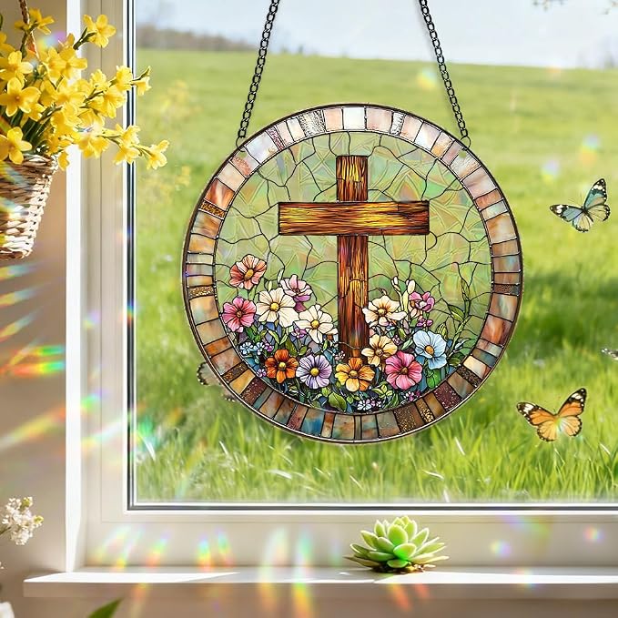 Acrylic Suncatcher Window Hanging, Cross Sun Catcher Rainbow Indoor Window Decoration for Living Room Bedroom, Summer Home Balcony Ornaments Deco, 7.87 x 7.87 inches