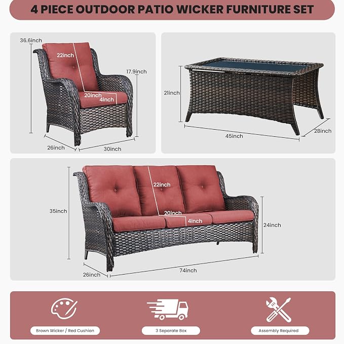 Belord Patio Wicker Furniture 4 Pieces Outdoor Furniture Set Patio Sofa Set with Wicker Chairs and Coffee Table, Paito Conversation Set for Porch Garden Deck Balcony Poolside Grey Red