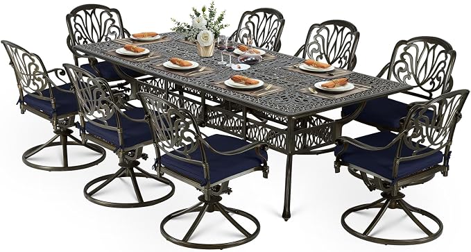 VIVIJASON 9-Piece Outdoor Dining Set, Cast Aluminum Retro Patio Furniture Table and Chairs Set for 8, Include 94.5" Rectangular Table and 8 Swivel Rocker Chairs with Umbrella Hole, Navy Blue Cushion