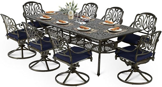 VIVIJASON 9-Piece Outdoor Dining Set, Cast Aluminum Retro Patio Furniture Table and Chairs Set for 8, Include 94.5" Rectangular Table and 8 Swivel Rocker Chairs with Umbrella Hole, Navy Blue Cushion