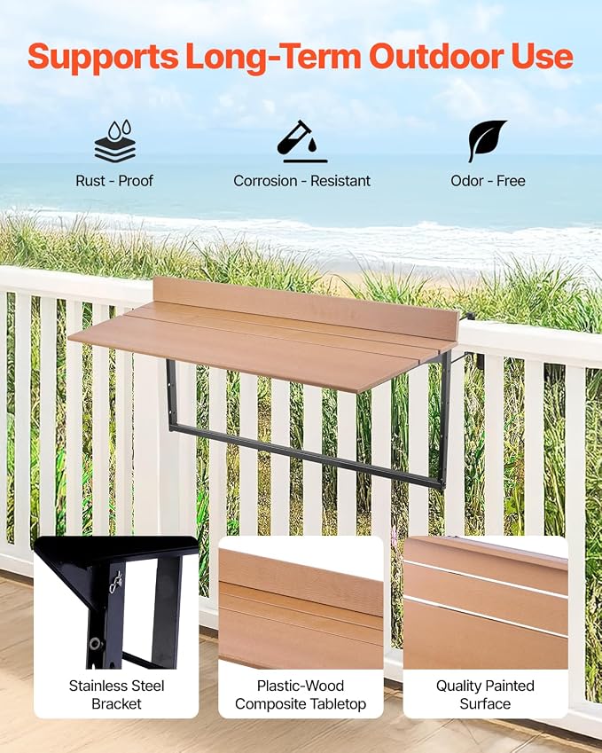 VEVOR Balcony Hanging Table, 39 x 13.6 inch, Outdoor Balcony Bar Table for Railings, 5-Level Adjustable, Fit Railing from 1" to 3.7", Serving Table for Patio & Deck