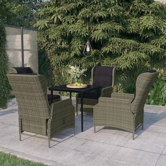5 Piece Patio Dining Set Brown Wicker Rattan Outdoor Furniture Set with Reclining Chairs and Cushions Glass Table for Garden Backyard Deck Entertaining