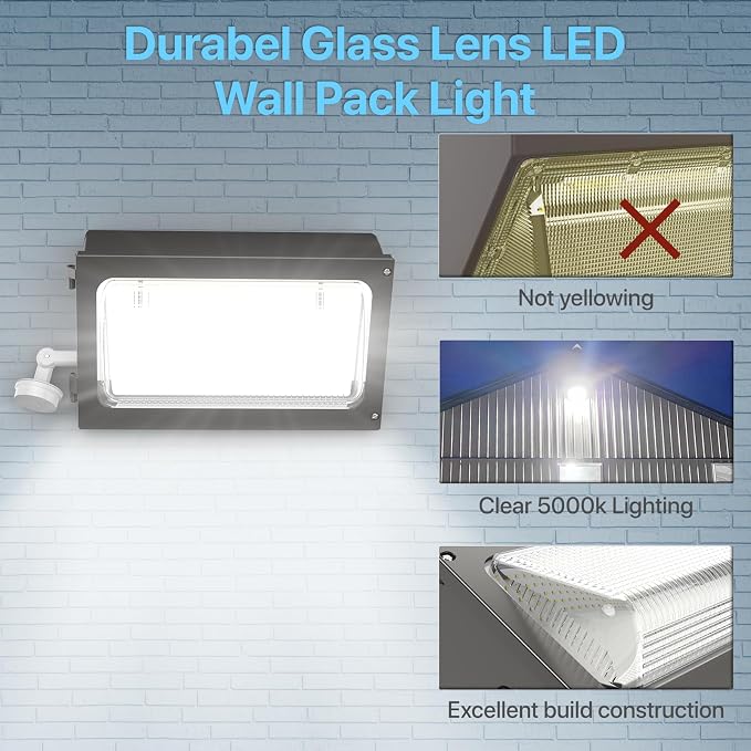 HYPERLITE LED Wall Pack Light: 120W Wall Pack LED Exterior Light with Motion Sensor - 15600lm Glass Lens LED Security Flood for Yard UL Listed