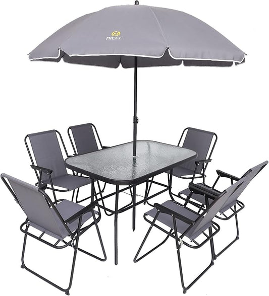 Nice C Outdoor Dining Sets, Patio Furniture Set, 8 Piece Set with Umbrella, Garden Outdoor Furniture Table Set with Removable Umbrella, Glass Table, and 6 Folding Chairs (Grey)