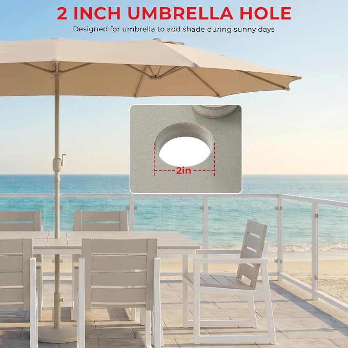 Costaelm Rectangle Patio Table, 8-Person Backyard Table 90" HDPE Dining Table with Umbrella Hole and Metal Frame for Outside, Garden, Poolside, Deck, Porch, Balcony, Sand