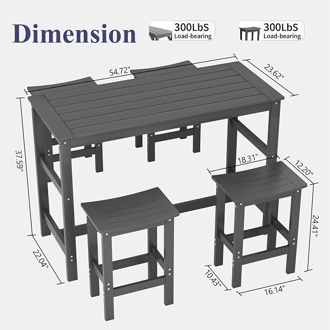 5Pcs Poly Lumber Outdoor Patio Bar Set, All Weather HIPS Bar Table and Chairs Set for Outside, 55" Rectangular High Top Bar Table with 4 Bar Stools for Patio, Poolside, Balcony, Hot Tub, Black