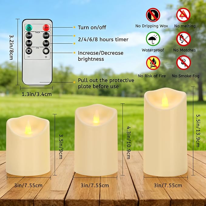 Flameless Candles Set of 6, Realistic Pillars with Cozy Climbing Flame Effect, Plasic Waterproof Outdoor & Indoor Ambiance with 2 Remotes & Timer for Patio Garden Home Decor (Ivory)
