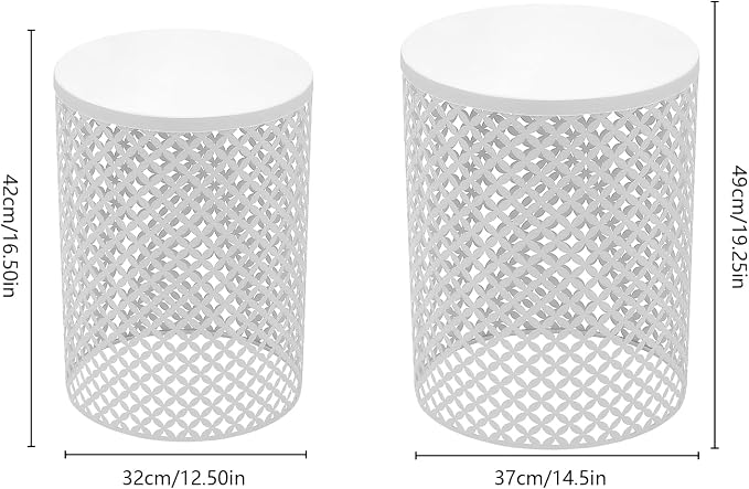 2Pcs Side Table, Heavy Duty Metal Frame Side Table Modern End Table Round Coffee Table End Table Garden Stools for Indoor Outdoor Patio Decorative (White)