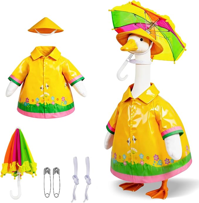 Raincoat Porch Goose Outfits, Yellow Raincoats Costume with Umbrella for 23 Inch Lawn Goose, Yard Goose Clothes Rain Jacket Umbrella Hat Outfit for Patio Yard Decor (Raincoat)