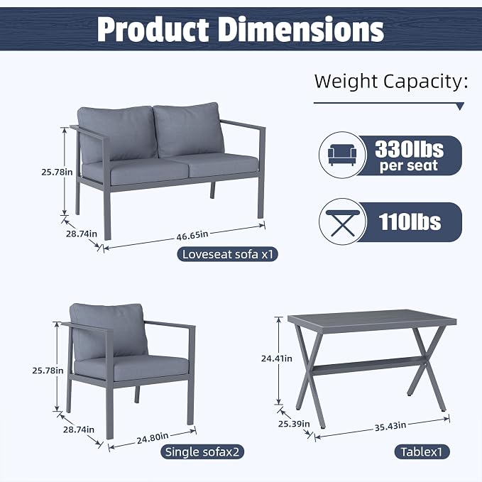 Aug-guan Aluminum Patio Furniture Set 4 Piece, Outdoor Conversation Set with 5" Cushions, Olefin Fabric, Rustproof Frame, Non-Slip Feet, Compact Patio Sofa Set for Balcony, Backyard, Porch,Grey