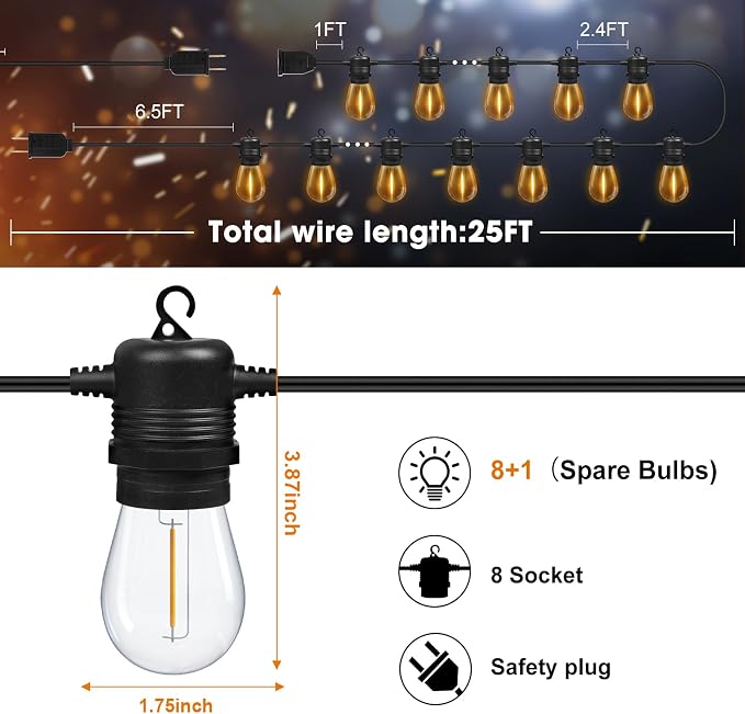 GvvooHome LED Outdoor String Lights 25FT with 9 Shatterproof S14 Bulbs, Waterproof for Porch, Deck, Garden, Balcony, Dimmable 2700K