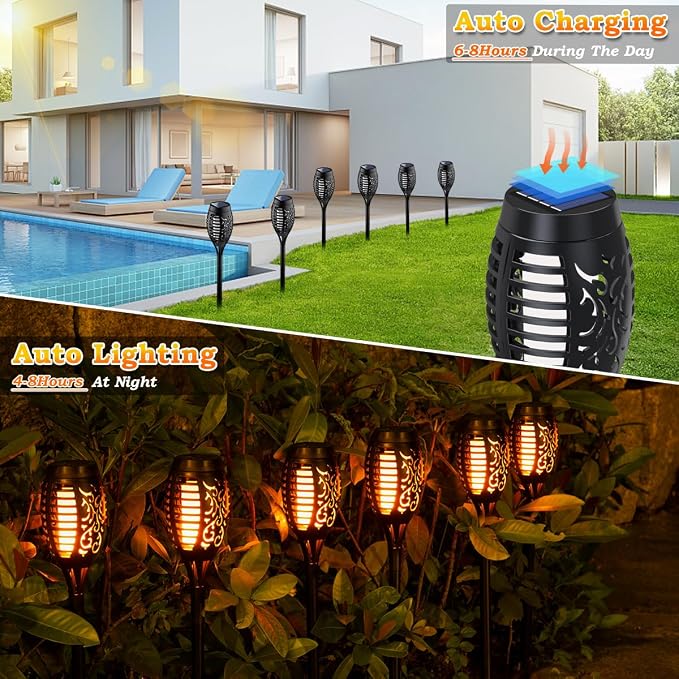 10Pack Solar Torch Light Outdoor Flickering Flame for Halloween Decorations | Solar Lights for Outside Halloween Decor, Waterproof Garden Light Solar Powered, Flame Torches for Yard Pathway Decorations