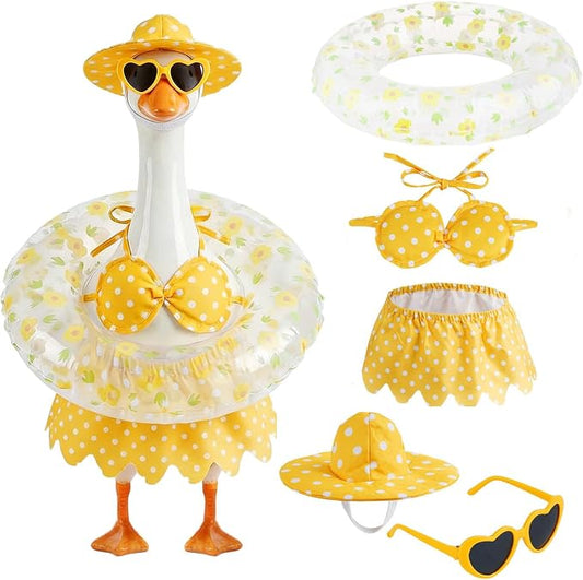 23 Inch Porch Goose Summer Hawaiian Bikini Outfit, Lawn Goose Costume with Swim Ring, Sunglasses Sun Hat, Fits Cement & Plastic Goose Statue, Front Yard Patio Lawn Decor