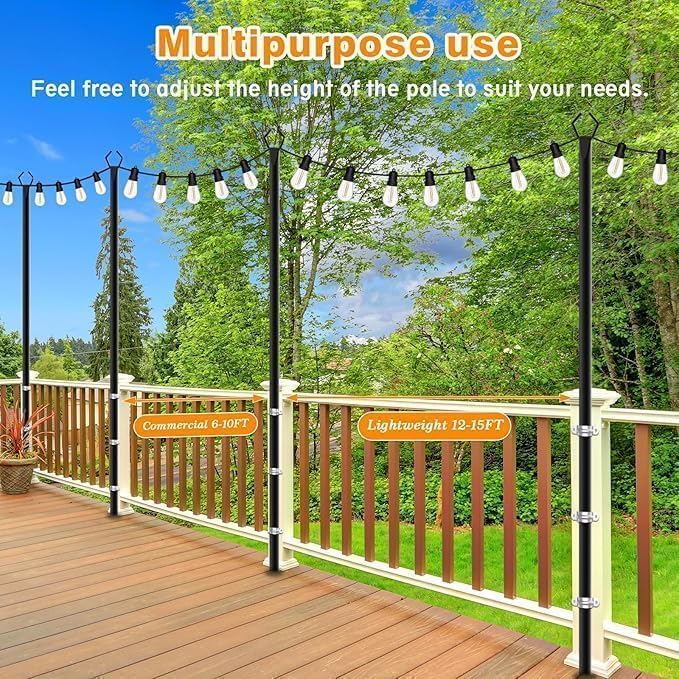 LETIANPAI 10Ft String Light Poles 2 Pack,Light Poles for Outside Lights,Outdoor with Fence Brackets Hanging Lights,Metal Stand Deck Patio Backyard