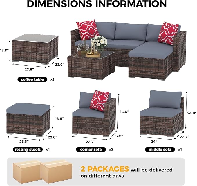 GarveeLife 5-Piece Outdoor Patio Rattan Wicker Sofa Set, PE Rattan Conversation Sectional with Thickened Back Cushion, Glass Tabletop, Ottoman - Ideal for Courtyard Space, Grey