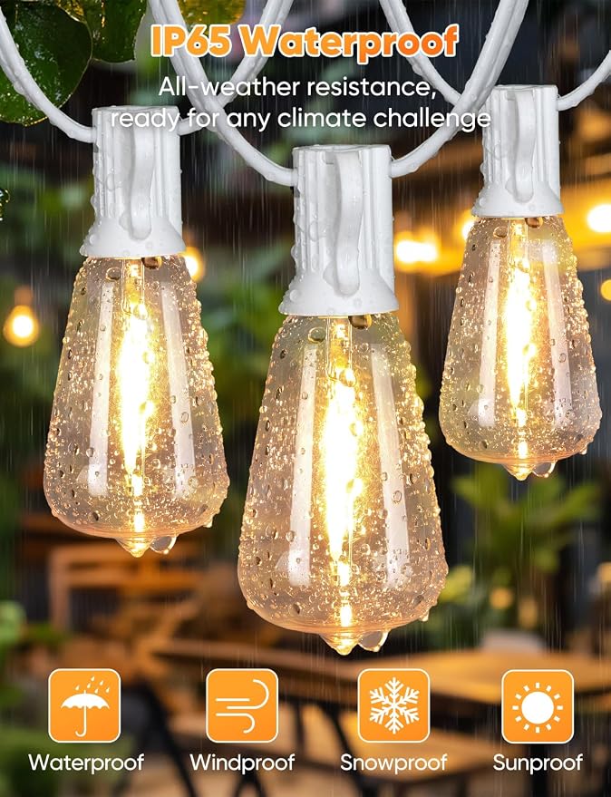 Outdoor String Lights with Remote, 200FT LED Patio Lights with 62 ST38 LED Filament Bulbs, 3 Lighting Modes, 3H/5H Timer, Waterproof IP65 String Light for Outside, E12 Socket Base, White