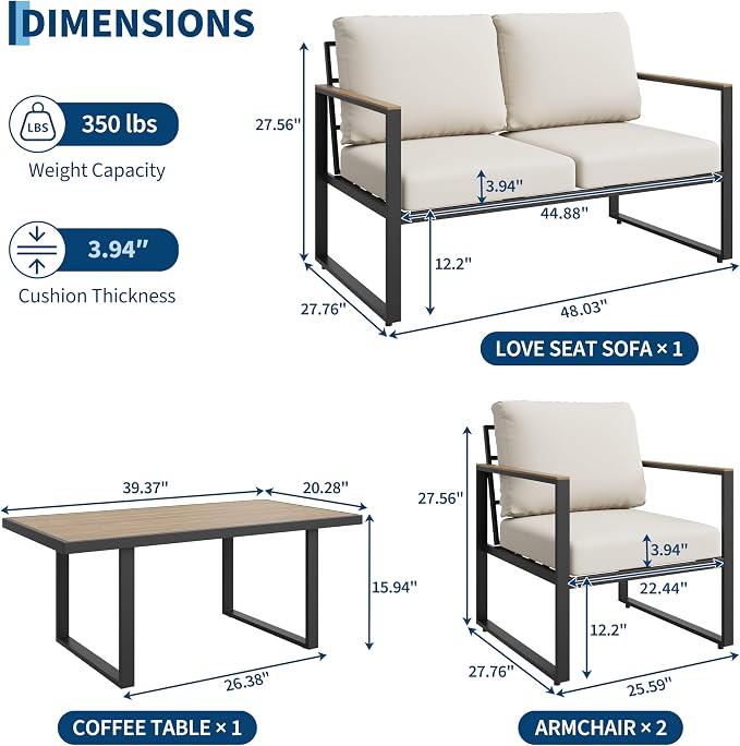 GarveeTech 4-Piece Aluminum Outdoor Sectional Sofa Set with Coffee Table, Patio Furniture Conversation Set for Porch, Poolside & Deck, Washable Thick Cushions (Beige)