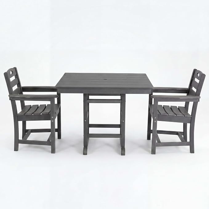 WILLIAMSPACE 37.8" Outdoor Patio Dining Set with 2 Armchairs, All Weather HDPE Square Dining Table with Umbrella Hole, Patio 3-Piece Bistro Set for Backyard, Balcony, Lawn, Kitchen (Grey)