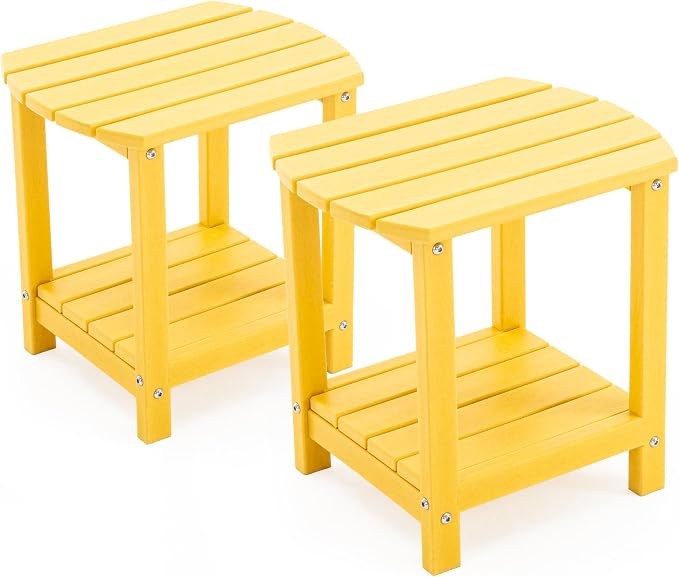 Adirondack Small Outdoor Side Table - Weatherproof HDPE Patio End Table with 2-Tier Storage for Firepit, Balcony, Garden, Poolside or Bathroom (Yellow, Set of 2)