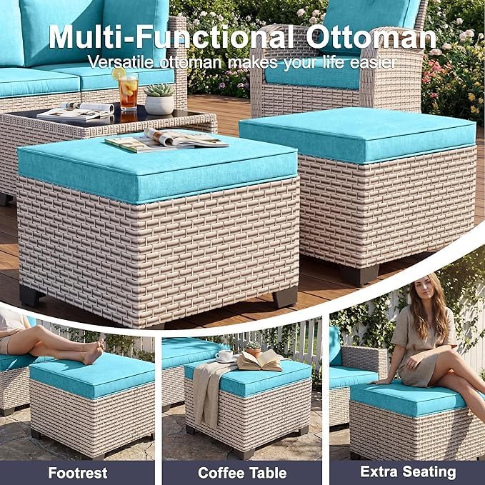 Patio Furniture Set, 12-Piece Outdoor Sectional Sofa with Swivel Rocker Chairs & Ottomans, Wicker Patio Conversation Set with Coffee Table, Cyan Cushions