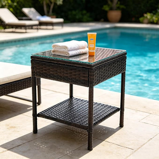 Wicker Rattan Side Table,Outdoor Patio Wicker Table,Modern Patio End Side Table with Glass Countertop and Storage Space,for Garden Balcony Porch