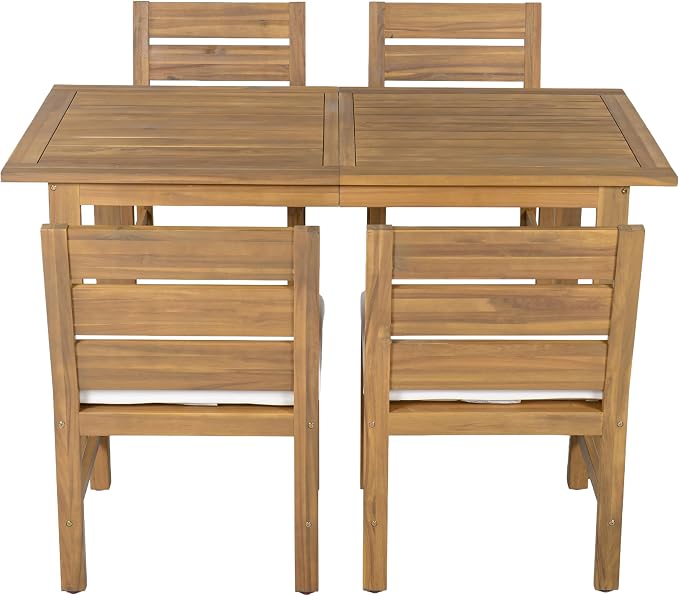 RUNNA Farmhouse 5-Piece Outdoor Patio Dining Set with Adjustable Legs,Acacia Wood Dinning Set for 4,Suitable for Backyard, Garden,or Deck (Beige+Natural)