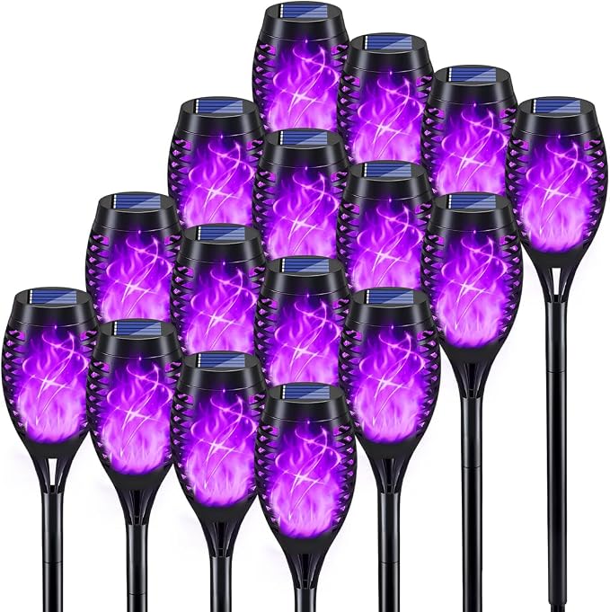 16Pack Purple Solar Halloween Lights for Halloween Decorations Outdoor | Halloween Solar Lights Outdoor with Flickering Flame, Waterproof Torches for Outside, Scary Halloween Yard Pathway Decoration
