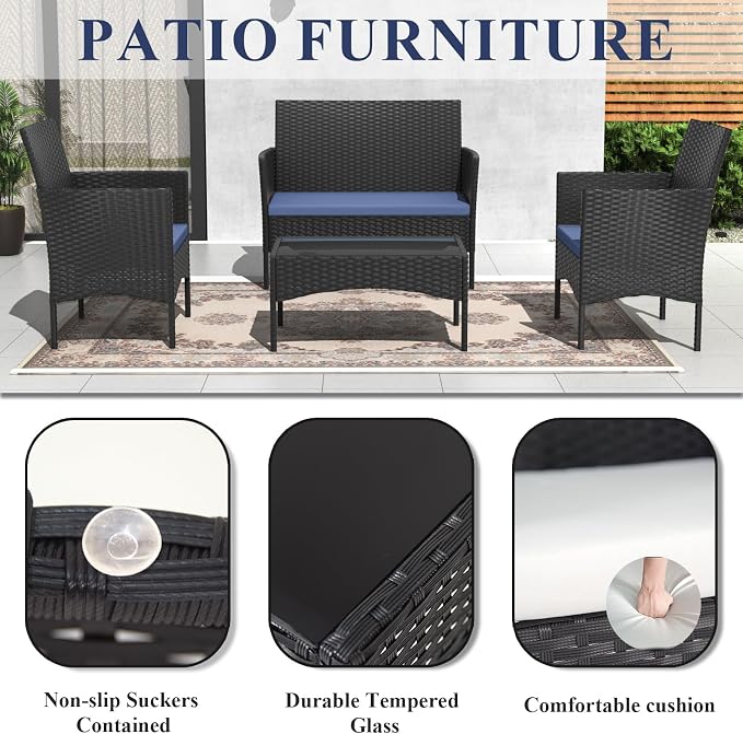 ALAULM 4 Pieces Patio Furnitrue Set Outdoor Patio Conversation Set Wicker Chairs w/Soft Cushions and Glass Coffee Table Outdoor Settees for Backyard, Porch, Poolside(Dark Blue)