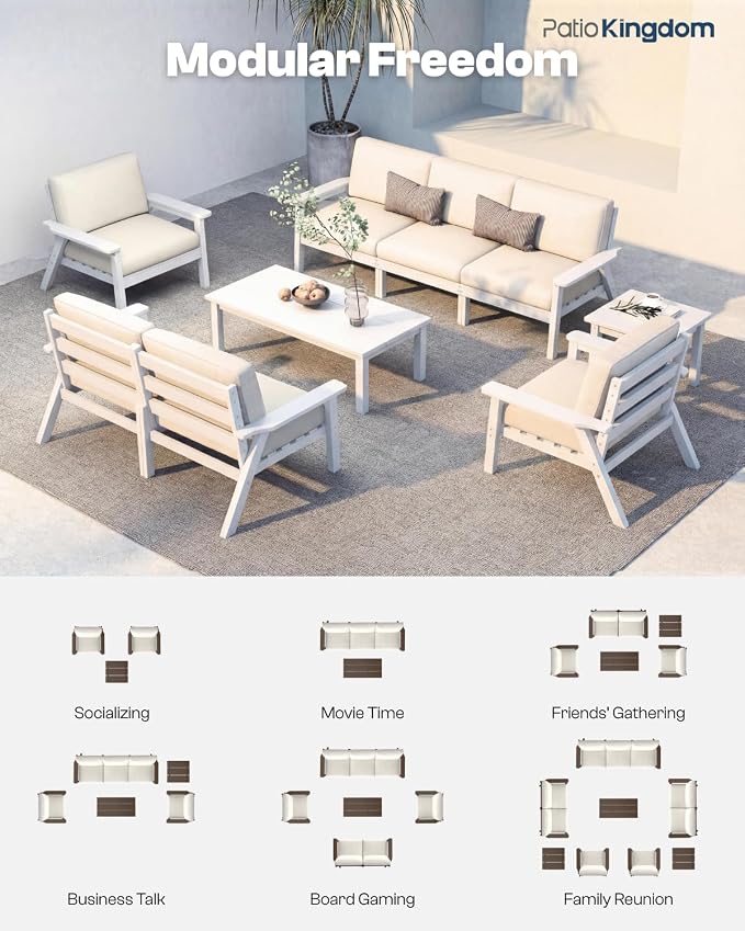 7 Piece Patio Furniture Set, HDPE Outdoor Sectional with Beige Washable Thick Cushions, Coffee Table & Side Table, Patio Conversation Sets for Lawn, Garden, Porch, Balcony (White Frame)