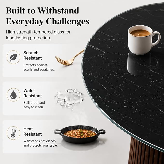 36" Round Tempered Glass Table Top, 5/16" (8mm) Thick, Marble Pattern Replacement, Heavy-Duty, Heat & Scratch Resistant for Coffee, Dining & Patio Tables, Black