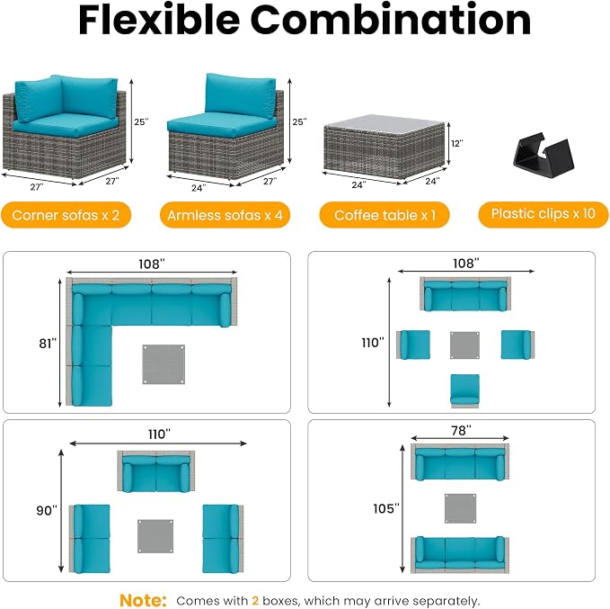 Wisteria Lane 7 Pieces Outdoor Patio Furniture Set, Wicker Outdoor Patio Sectional Sofas with Coffee Table, All-Weather Patio Conversation Set for Backyard Garden, Light Blue