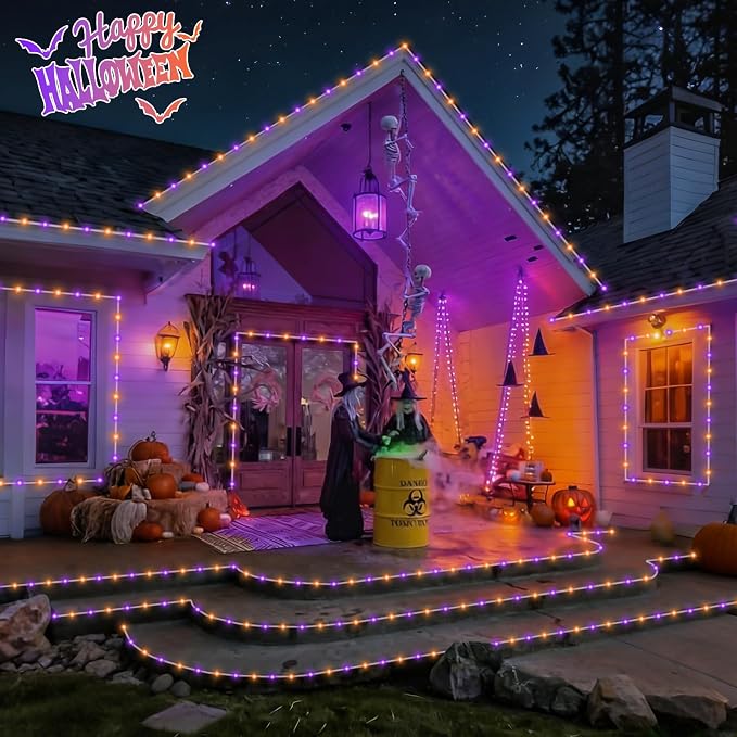 QITONG Orange and Purple Solar Halloween Lights, 66ft 200 LED Solar Rope Lights Outdoor Waterproof, 8 Modes Clear PVC Tube Light Outdoor Waterproof